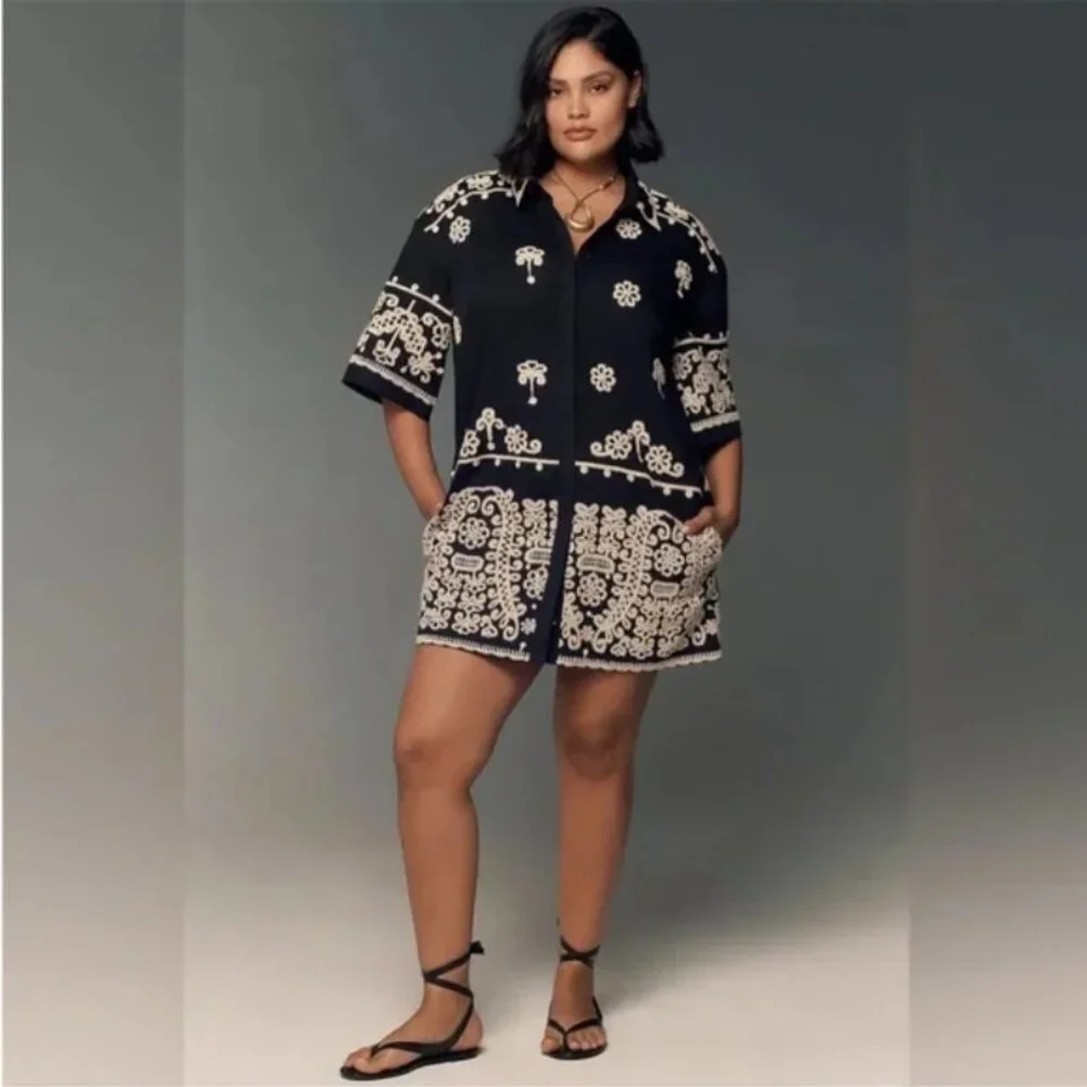 Maeve Anthropologie Black Short Sleeve Embroidered Collared Mini Shirt Dress - Picture 2 of 10